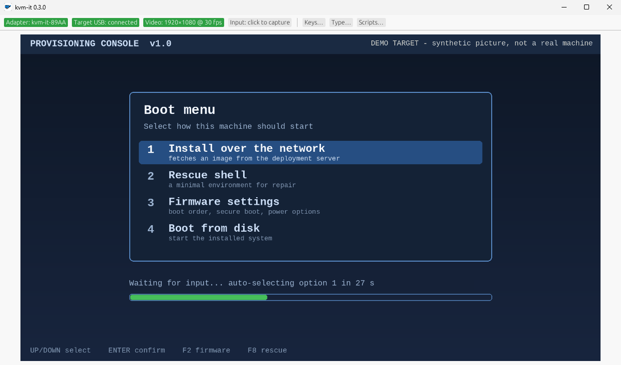 The kvm-it window showing a live picture of a target machine's boot menu, with Adapter, Target USB and Video status chips along the top
