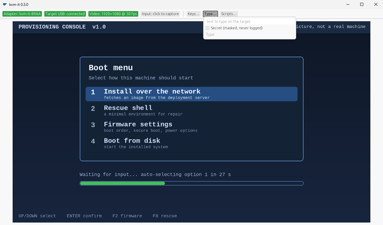 The Type popup with the Secret option for masked passwords