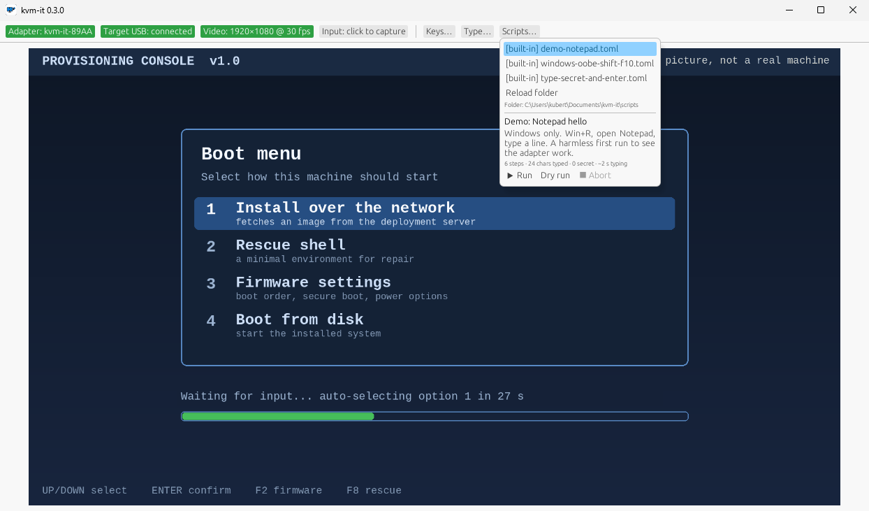 The Scripts popup: the script list, a preview of the selected script (steps, typed characters, secrets) and Run, Dry run, Abort