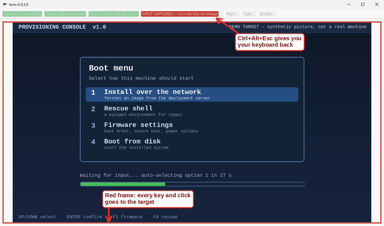 Input captured: a red frame around the picture, and the red chip saying Ctrl+Alt+Esc to release