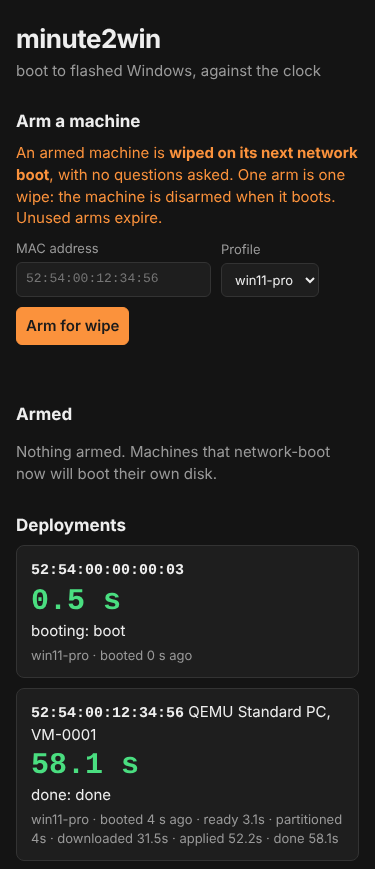 The console on a phone-width screen in dark mode, with two deployments on the board.