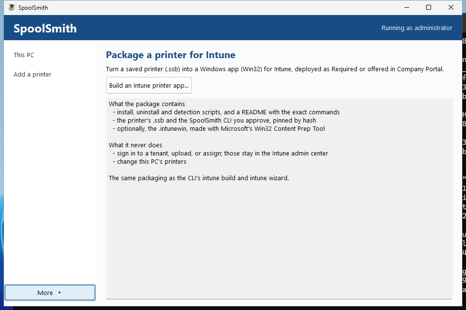 Package a printer for Intune page explaining the local-only packaging, with a Build an Intune printer app button.
